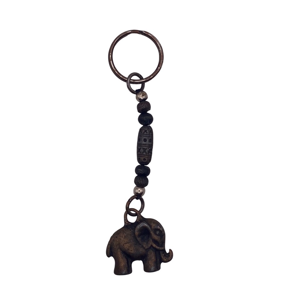 Vintage Bronze Tone Elephant Beaded Keychain Boho Tribal Animal‎ Charm Key Ring